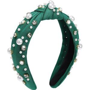 Women's Green Embellished Rhinestone Pearl Knotted Trendy Vintage Headband